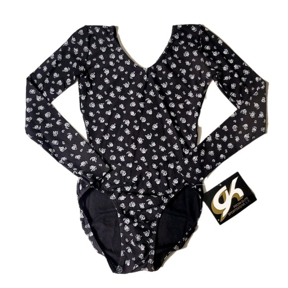 GK Tops - GK Elite VTG Black White Rose Cotton Leotard Bodysuit LS Stretch AXS Adult XS